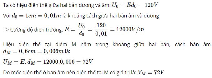 Điện thế tại điểm M nằm trong khoảng giữa hai bản, c&aacute;ch bản &acirc;m 0,6 cm sẽ l&agrave; bao nhi&ecirc;u?
