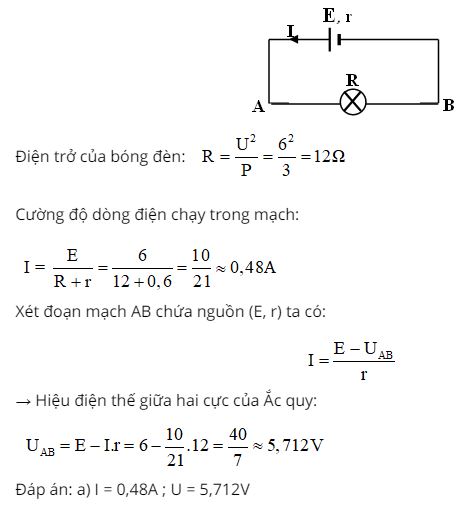 T&iacute;nh cường độ d&ograve;ng điện chạy trong mạch v&agrave; hiệu điện thế giữa hai cực của acquy