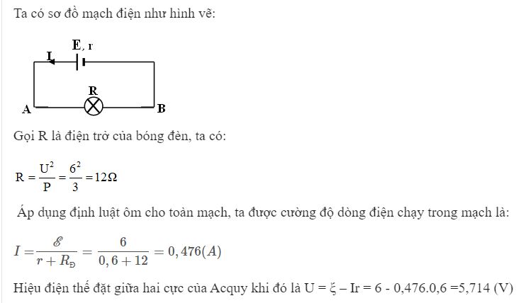 T&iacute;nh cường độ d&ograve;ng điện chạy trong mạch v&agrave; hiệu điện thế giữa hai cực của acquy