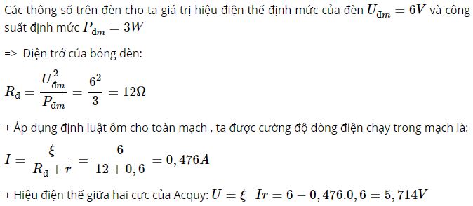 T&iacute;nh cường độ d&ograve;ng điện chạy trong mạch v&agrave; hiệu điện thế giữa hai cực của acquy