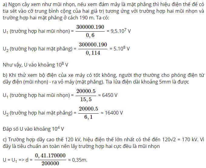 H&atilde;y ước t&iacute;nh hiệu điện thế đ&atilde; sinh ra tia s&eacute;t giữa đ&aacute;m m&acirc;y cao 200 m v&agrave; một ngọn c&acirc;y cao 10 m