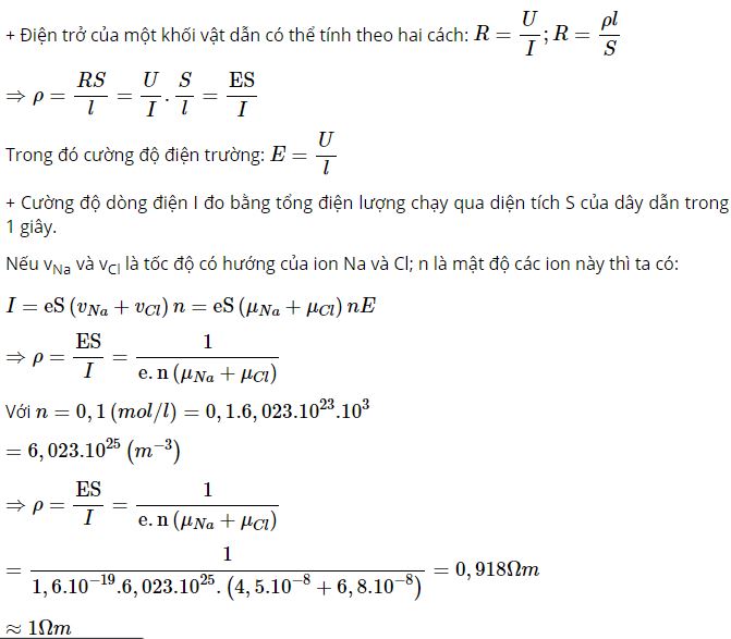 T&iacute;nh điện trở suất của dung dịch NaCl nồng độ 0,1 mol/l
