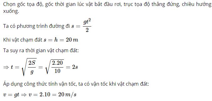 T&iacute;nh thời gian rơi v&agrave; vận tốc của vật khi chạm đất