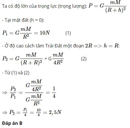 Khi chuyển vật tới một điểm c&aacute;ch t&acirc;m Tr&aacute;i Đất 2R th&igrave; n&oacute; c&oacute; trọng lượng bằng bao nhi&ecirc;u?
