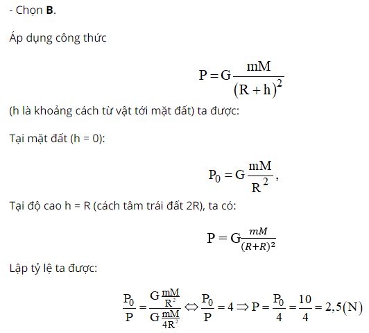 Khi chuyển vật tới một điểm c&aacute;ch t&acirc;m Tr&aacute;i Đất 2R th&igrave; n&oacute; c&oacute; trọng lượng bằng bao nhi&ecirc;u?