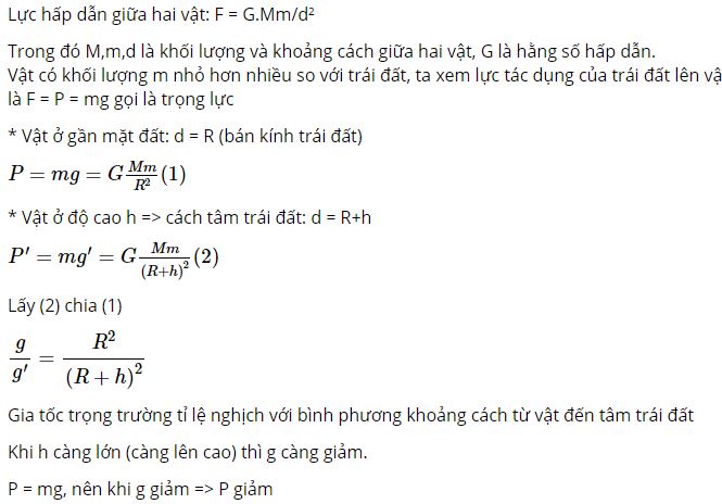 Tại sao gia tốc rơi tự do v&agrave; trọng lượng của vật c&agrave;ng l&ecirc;n cao lại c&agrave;ng giảm?
