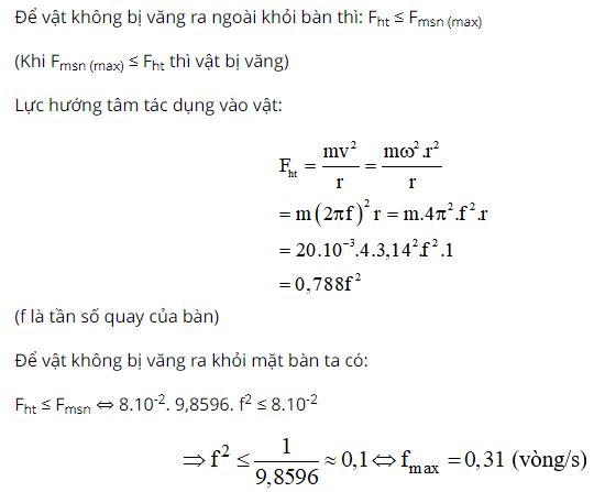 Hỏi phải quay b&agrave;n với tần số v&ograve;ng lớn nhất l&agrave; bao nhi&ecirc;u để vật kh&ocirc;ng bị văng ra khỏi b&agrave;n?