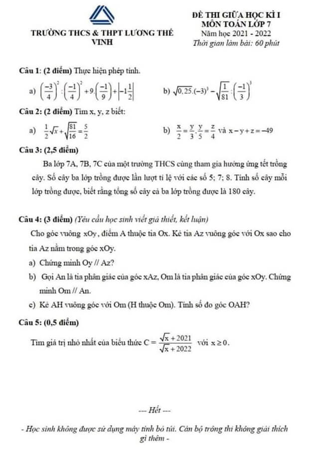 Đề thi giữa kì Toán 7 trường Lương Thế Vinh