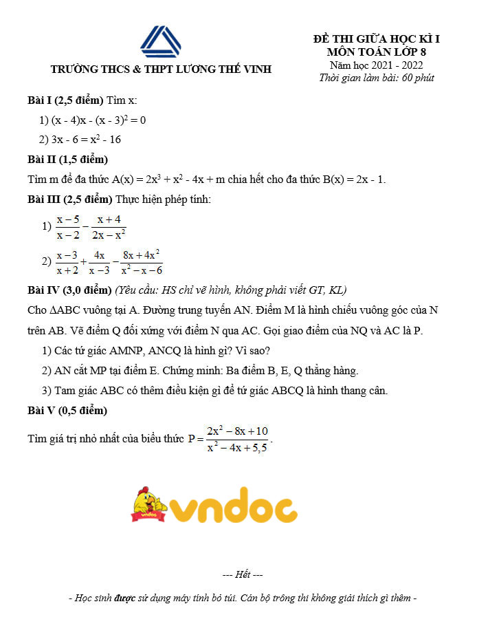 Đề thi giữa kì 1 Toán 8 Trường THCS&THPT Lương Thế Vinh năm 2021 - 2022