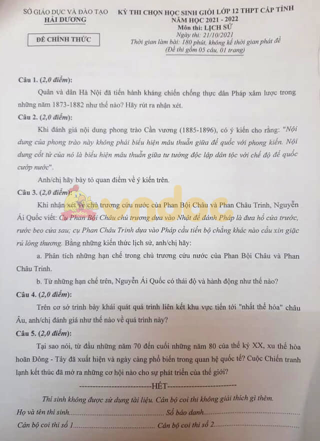 Đề thi chọn học sinh giỏi lớp 12 môn Lịch sử