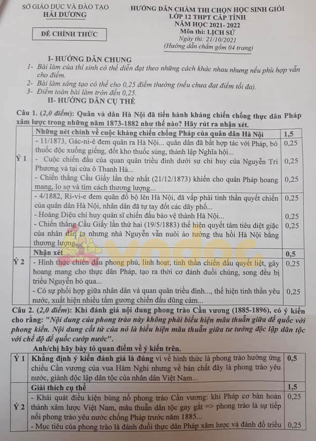 Đề thi HSG Sử 12 cấp tỉnh