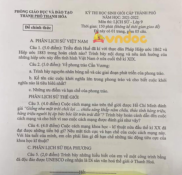 Đề thi học sinh giỏi Sử 9 Phòng GD&ĐT TP Thanh Hóa năm 2021 - 2022