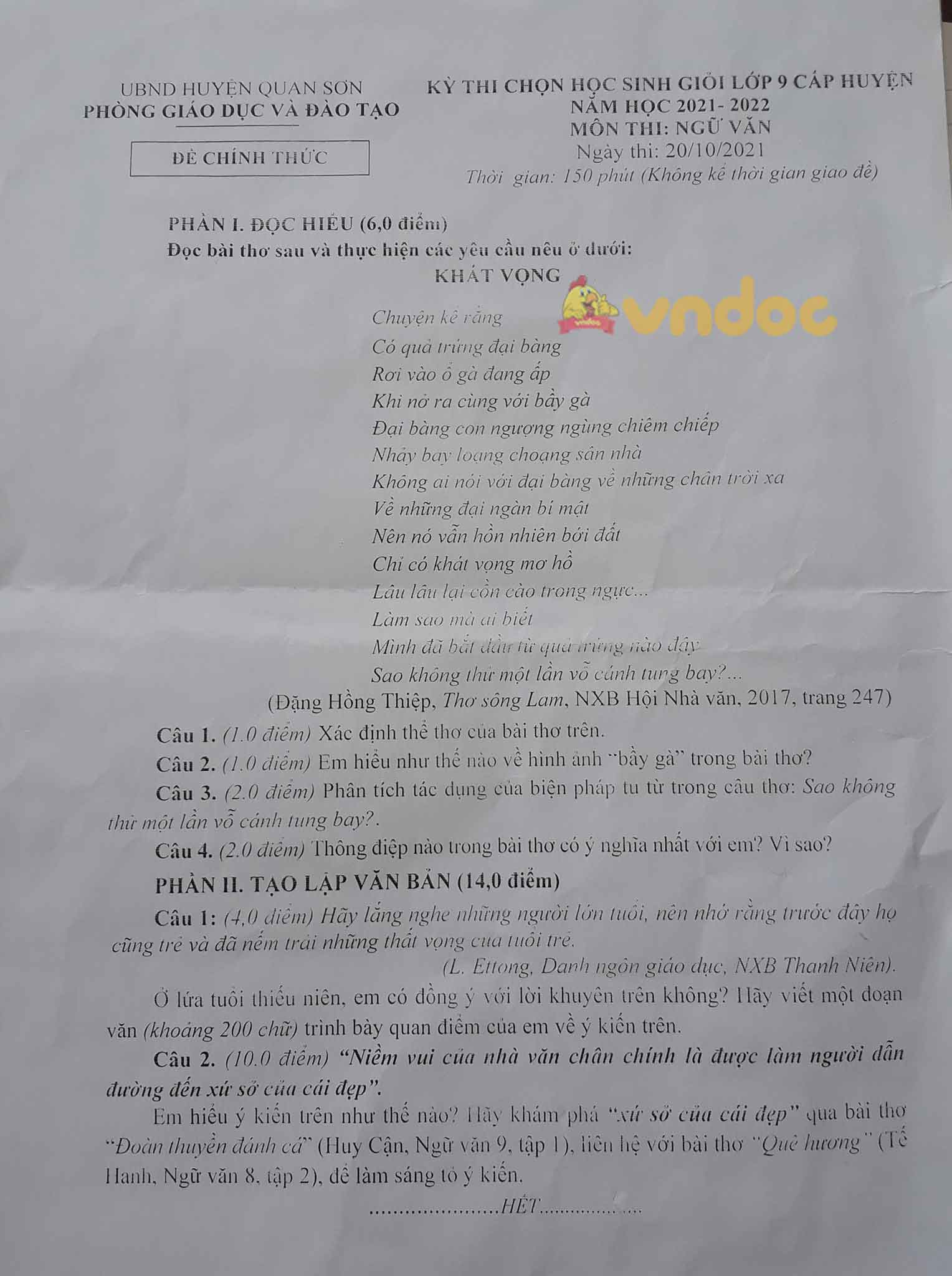 Đề thi học sinh giỏi Văn 9 Phòng GD&ĐT huyện Quan Sơn năm 2021 - 2022