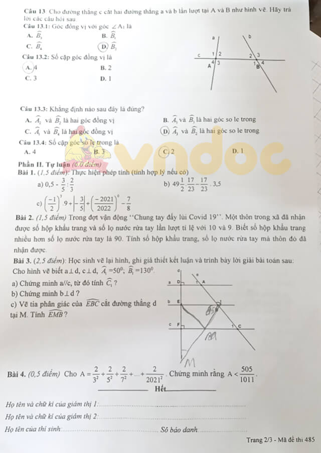 Đề thi giữa kì 1 lớp 7 năm 2021