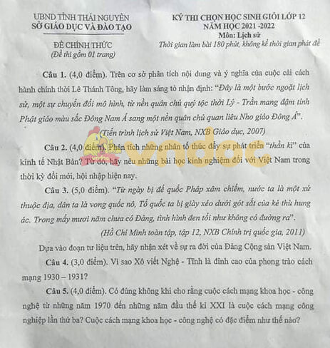 Đề thi chọn học sinh giỏi lớp 12 môn Lịch sử