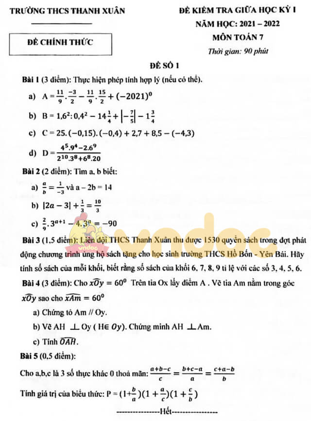 Đề thi giữa kì lớp 7 môn Toán