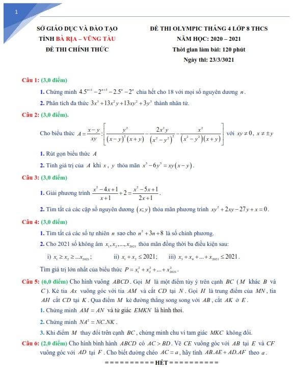 Bộ đề thi học sinh giỏi lớp 8 môn Toán năm 2020 - 2021