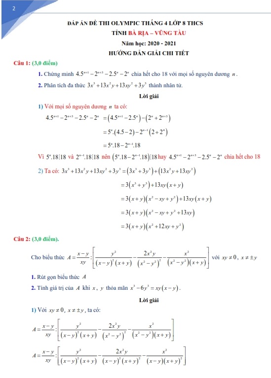 Bộ đề thi học sinh giỏi lớp 8 môn Toán năm 2020 - 2021