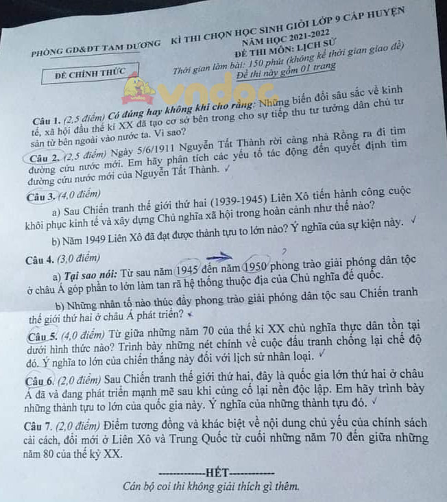 Đề thi học sinh giỏi Sử 9 Phòng GD&ĐT Tam Dương năm 2021 - 2022
