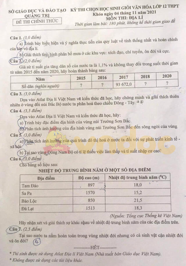 Đề thi chọn học sinh giỏi lớp 12 môn Địa lí