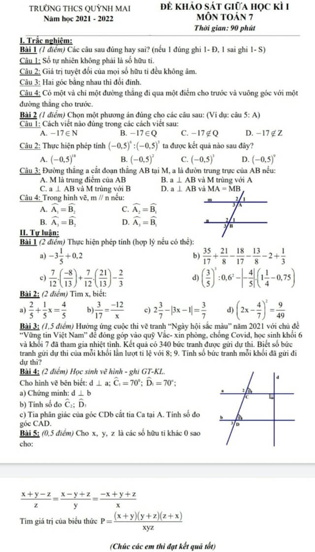 Đề thi giữa kì lớp 7 môn Toán