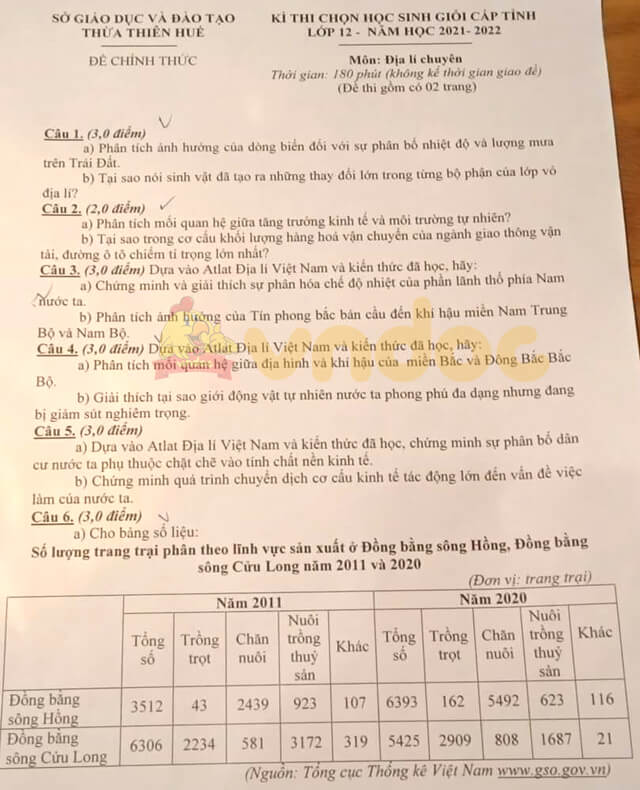 Đề thi chọn học sinh giỏi lớp 12 môn Địa lí