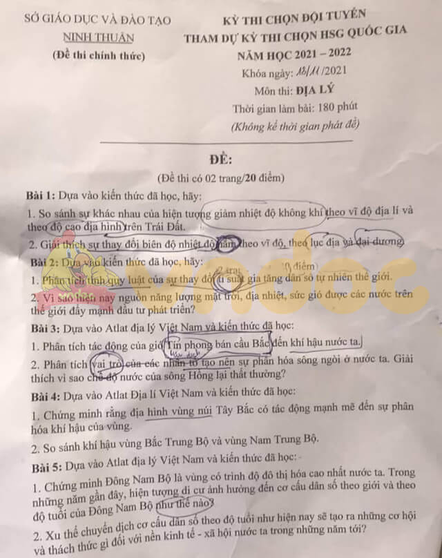 Đề thi chọn học sinh giỏi lớp 12 môn Địa lí