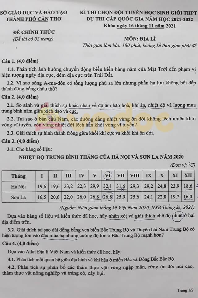 Đề thi chọn học sinh giỏi lớp 12 môn Địa lí