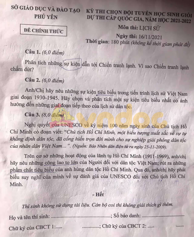 Đề thi chọn học sinh giỏi lớp 12 môn Lịch sử