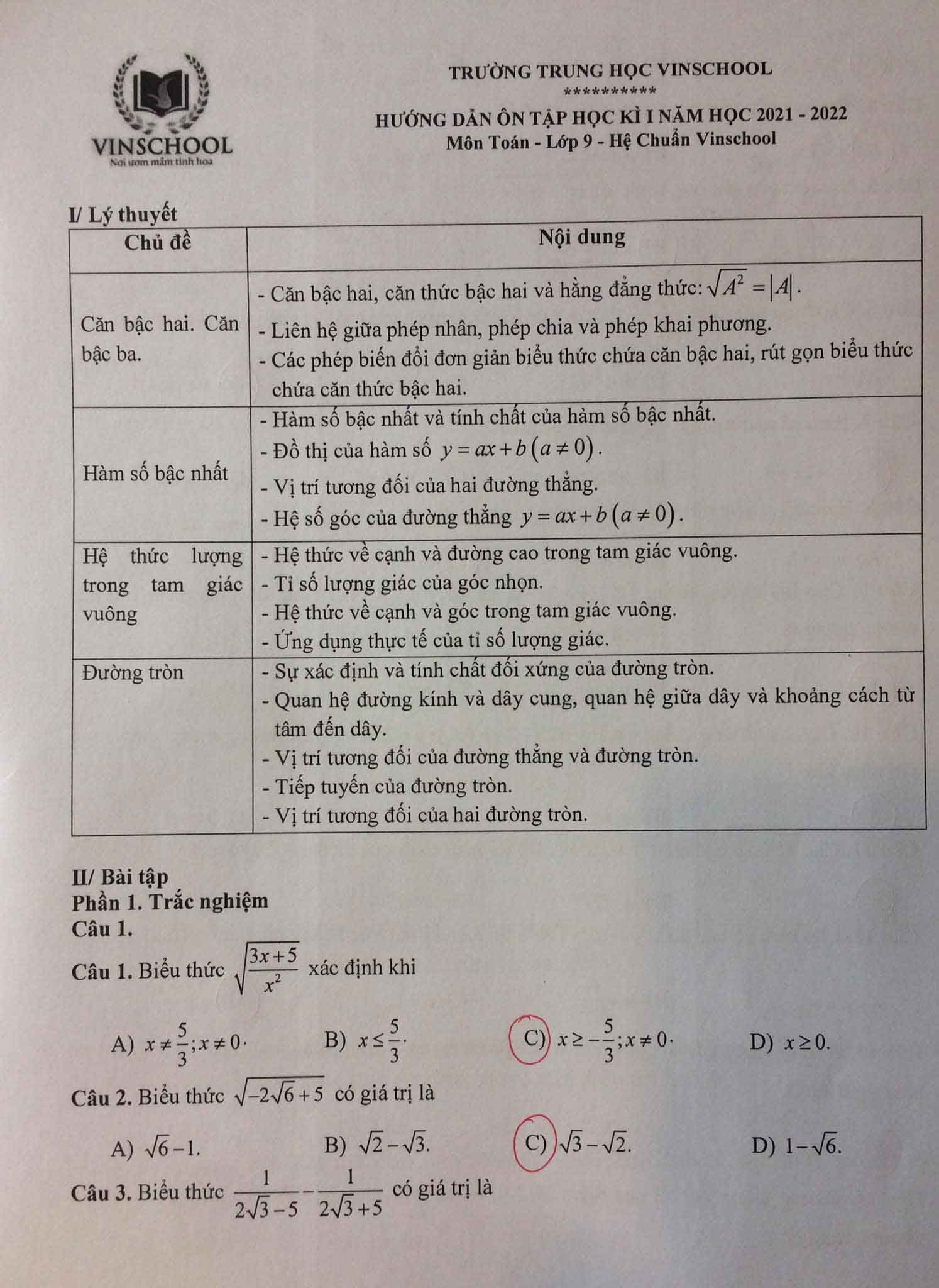 Đề cương ôn tập học kì 1 Toán 9 Trường Trung học Vinschool năm 2021 - 2022
