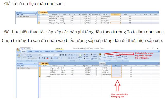 H&atilde;y chỉ ra c&aacute;c thao t&aacute;c sắp xếp c&aacute;c bản ghi tăng dần theo trường