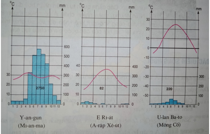 Biểu đồ nhiệt độ và lượng mưa của 3 địa điểm (SGK trang 9)