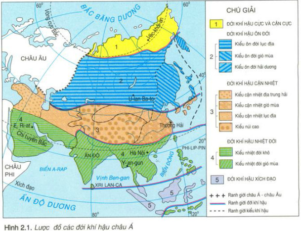 Dựa vào hình 2.1, cho biết đới khí hậu nào không phân thành các kiểu khí hậu?