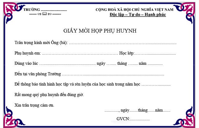 Mẫu giấy mời phụ huynh đẹp