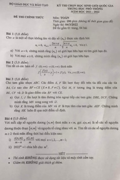 Đề thi học sinh giỏi quốc gia môn Toán khối THPT năm học 2021-2022