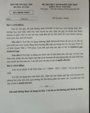 Đề thi Tin học trẻ Tiểu Học