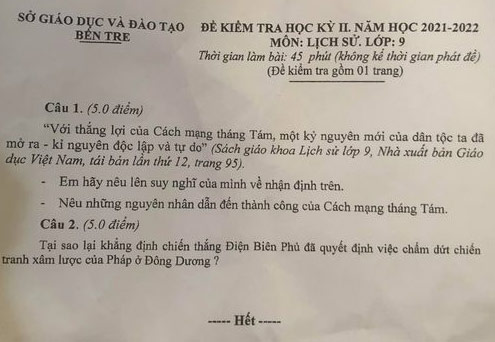 Đề thi học kì 2 lớp 9 môn Lịch sử Sở GD&ĐT Bến Tre năm học 2021-2022