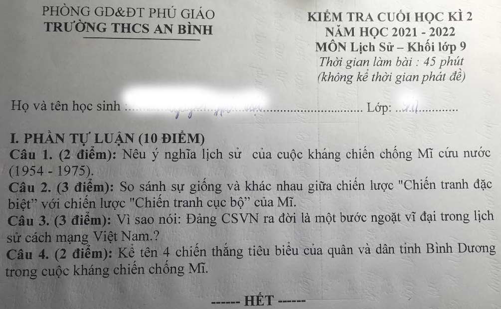 Đề thi học kì 2 lớp 9 môn Lịch sử trường THCS An Bình, Bình Dương năm học 2021-2022