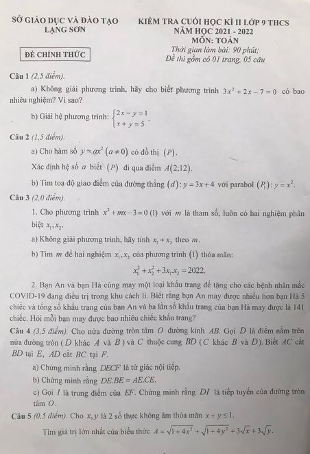 Đề thi học kì 2 lớp 9 môn Toán Sở GD&ĐT Lạng Sơn năm học 2021-2022