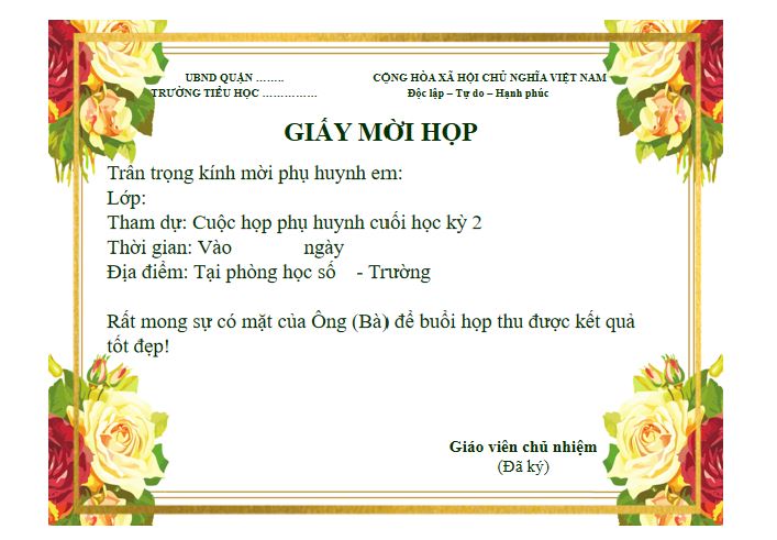 Giấy mời họp phụ huynh cuối kì 2