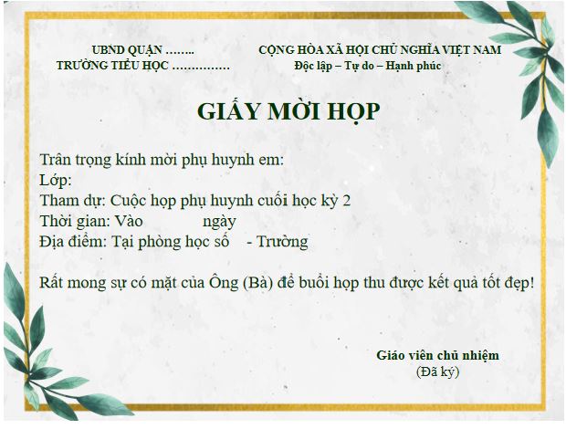 Giấy mời họp phụ huynh cuối kì 2