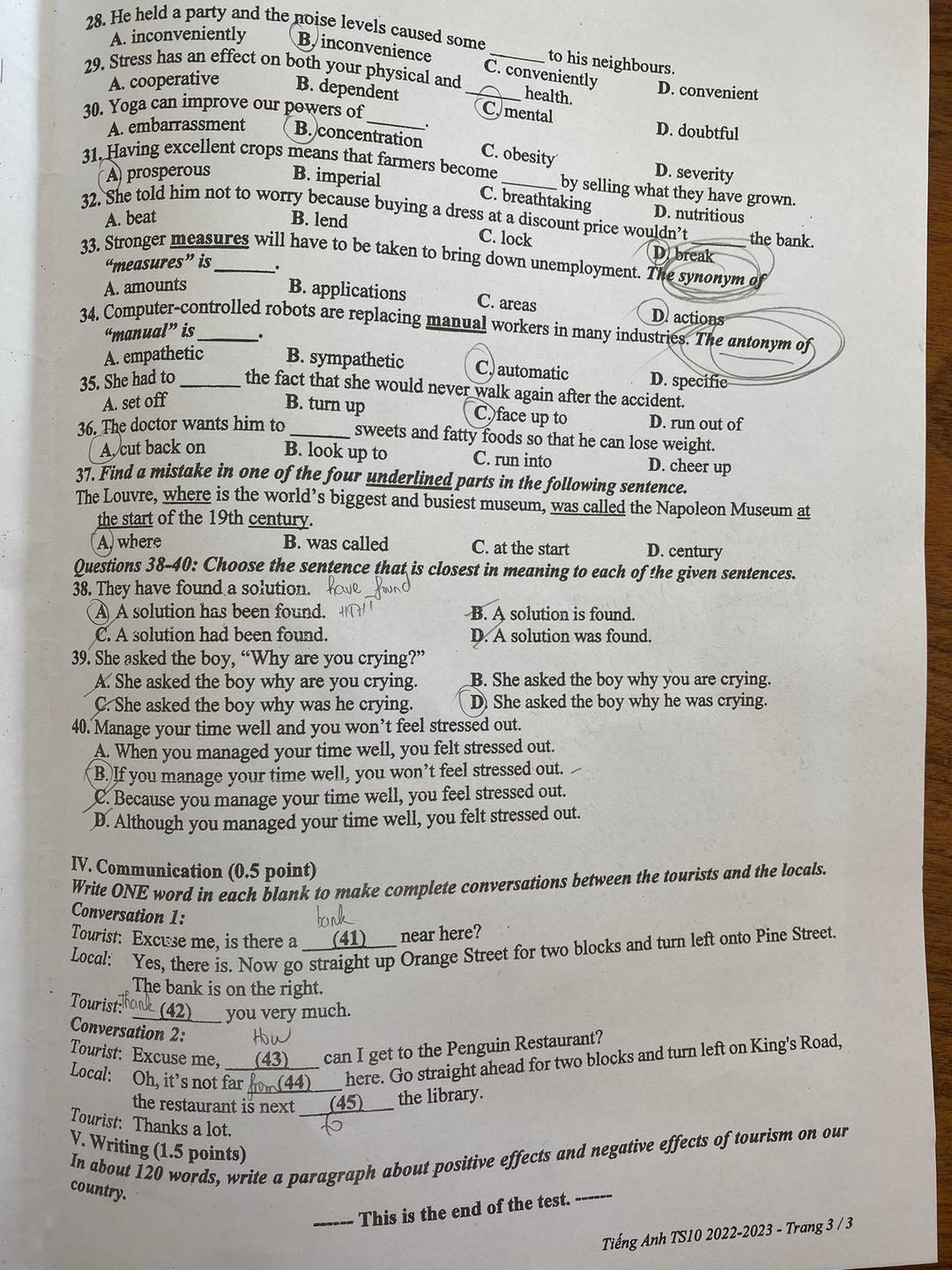 Đáp án Đề thi tuyển sinh lớp 10 môn tiếng Anh Bình Dương năm 2022 