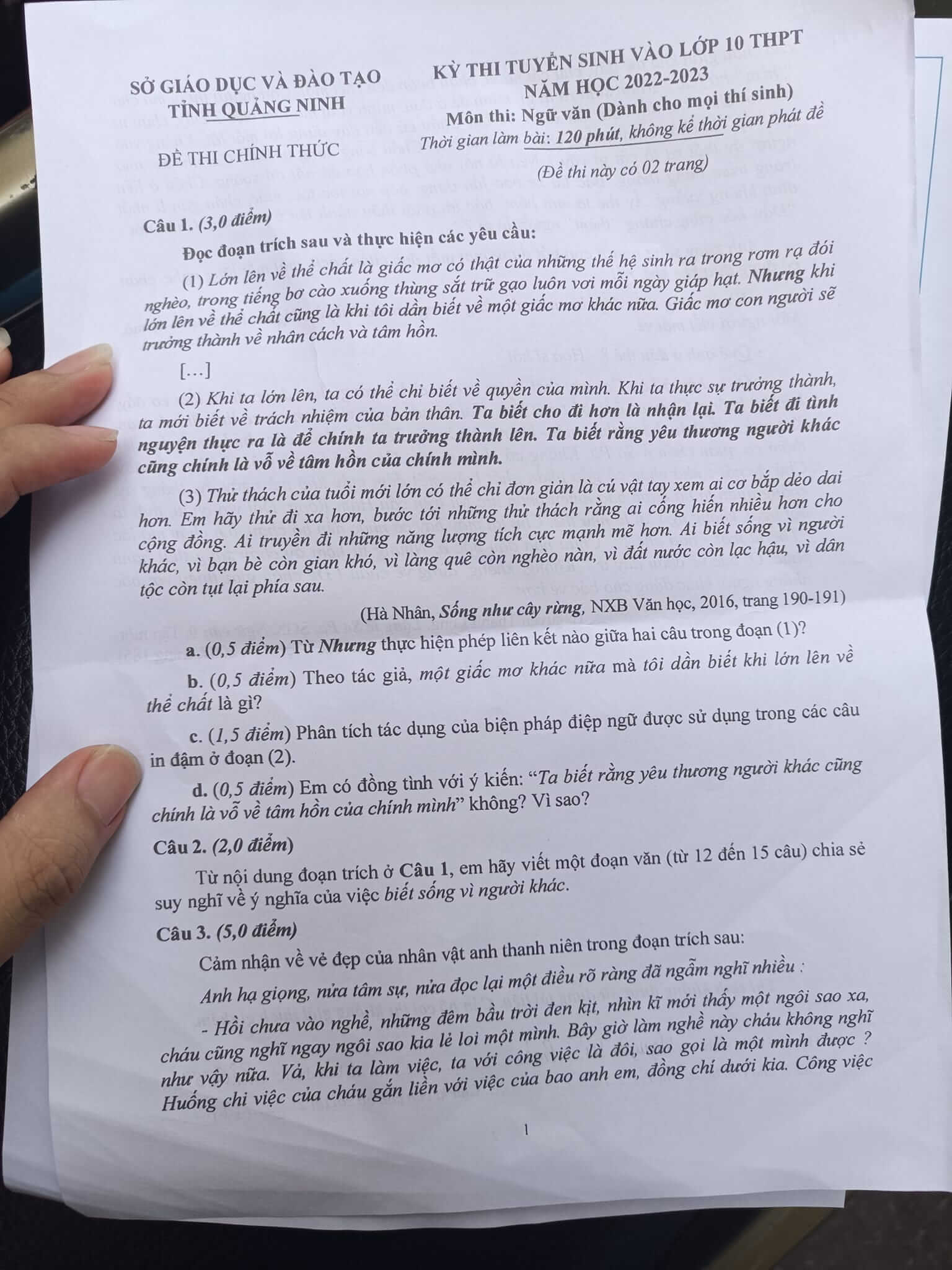 Đề thi Văn vào lớp 10 Quảng Ninh