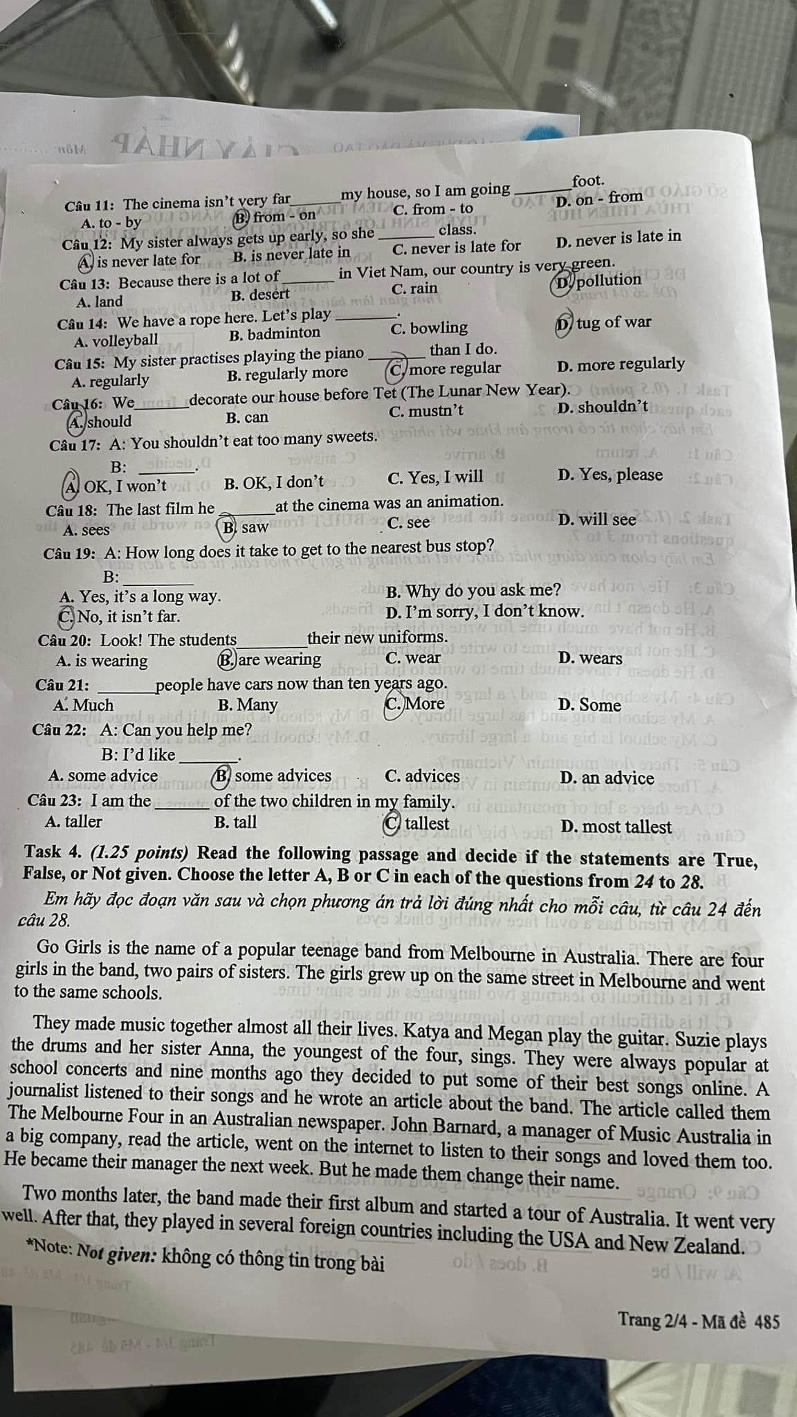 Đáp án đề thi vào lớp 6 môn tiếng Anh trường THCS Nguyễn Tri Phương