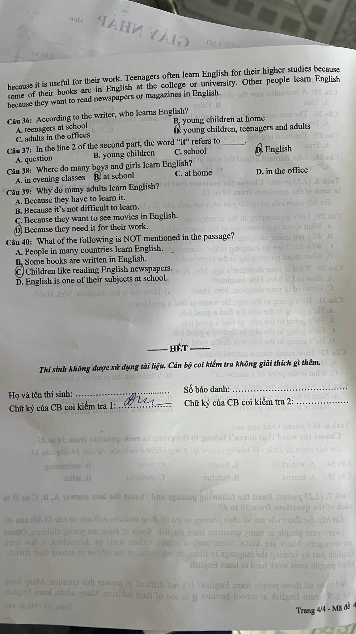 Đáp án đề thi vào lớp 6 môn tiếng Anh trường THCS Nguyễn Tri Phương