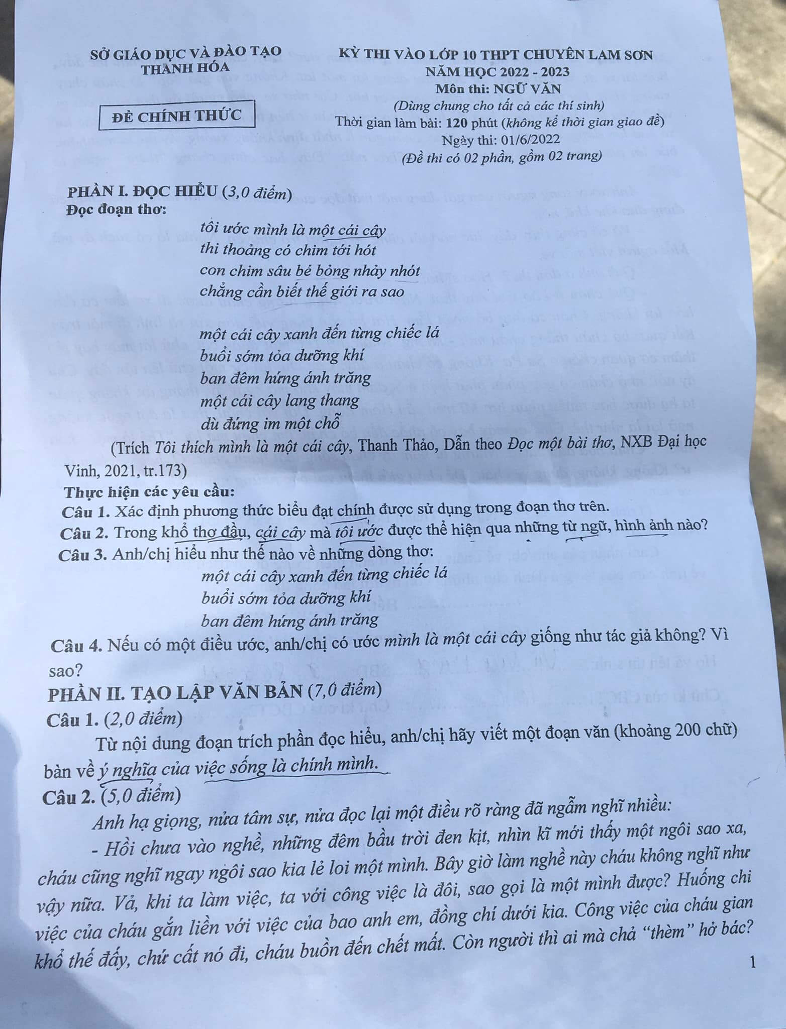 Đề thi Văn vào lớp 10 chuyên Lam Sơn