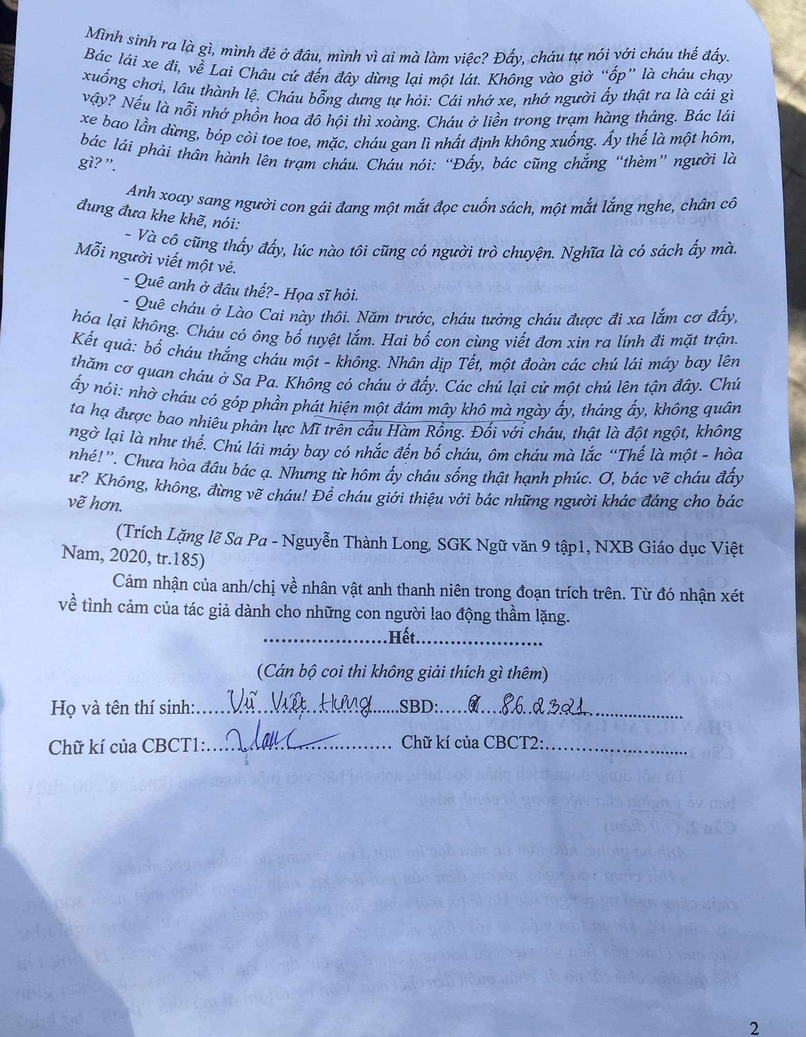 Đề thi Văn vào lớp 10 chuyên Lam Sơn