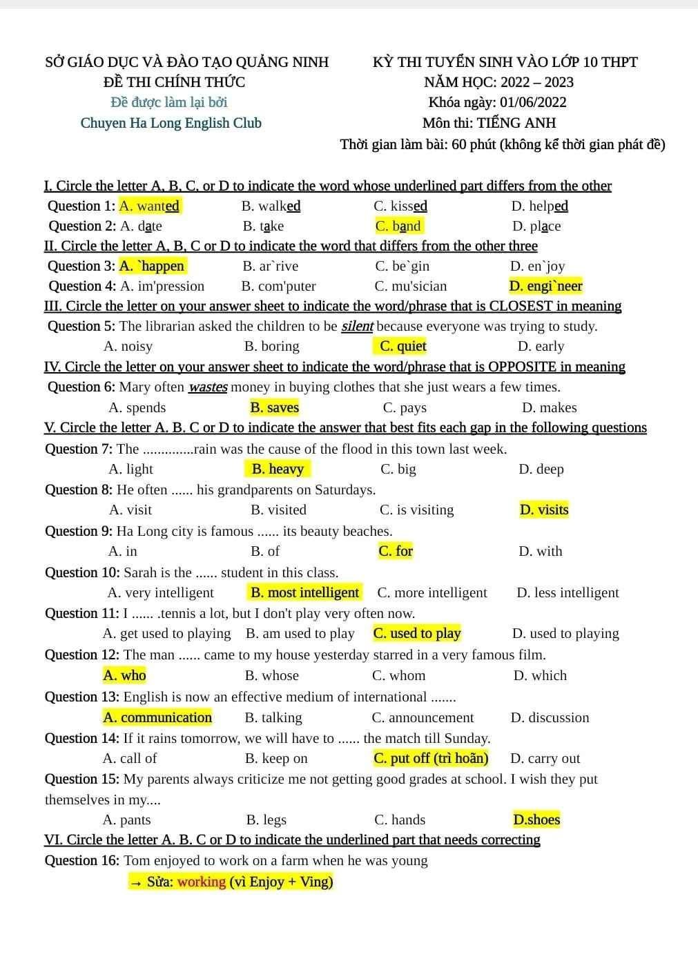 Đề thi tuyển sinh vào lớp 10 môn tiếng Anh Quảng Ninh
