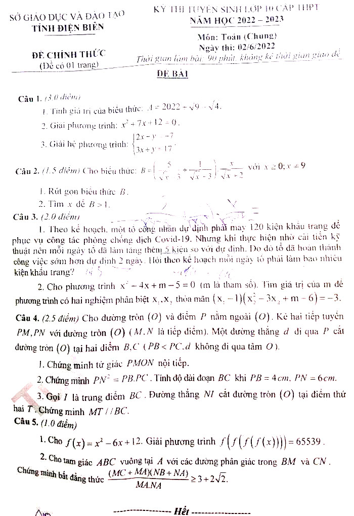 Đáp án đề thi vào 10 môn Toán Điện Biên 2022