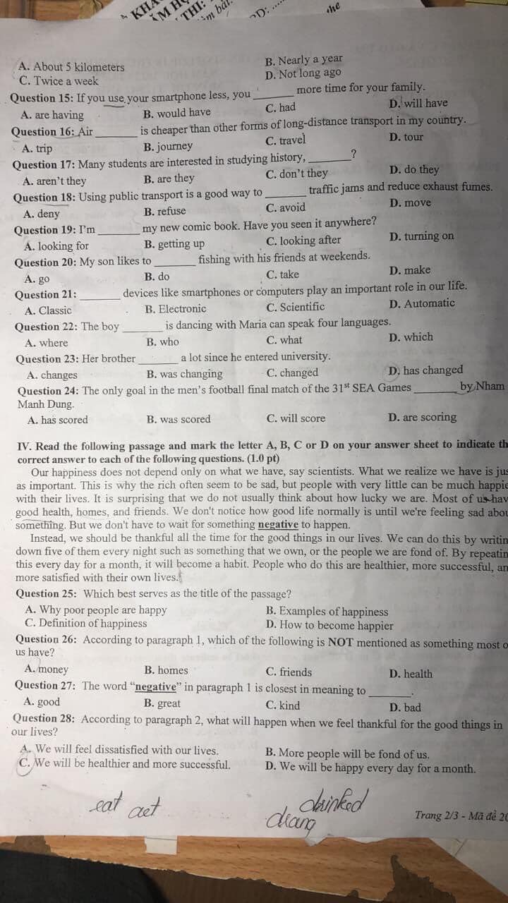 Đề thi tuyển sinh vào lớp 10 môn tiếng Anh Bắc Giang